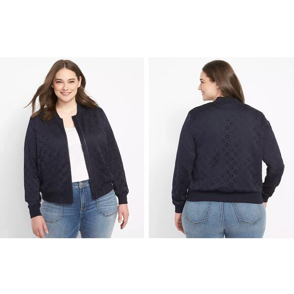 Lane Bryant On-The-Go Laser Cut Floral Navy Blue Zip Up Bomber Jacket Women's 20 - Picture 1 of 7